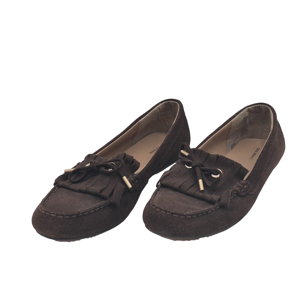 Lands End Shoes Womens Size 7B Brown Suede Moccasin Loafers Fringe Slip On Flats